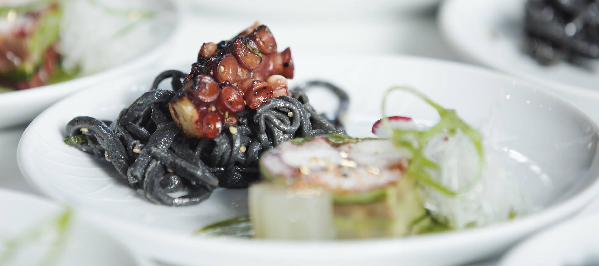 Octopus terrine and Tea marinade with squid ink soba, green sea fans, braised daikon, shiso wakame puree, nigori sake gelee, cucumber wrapped dinner recipe